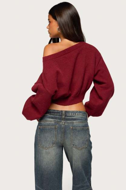 Karsen Off Shoulder Cropped Sweater - BURGUNDY