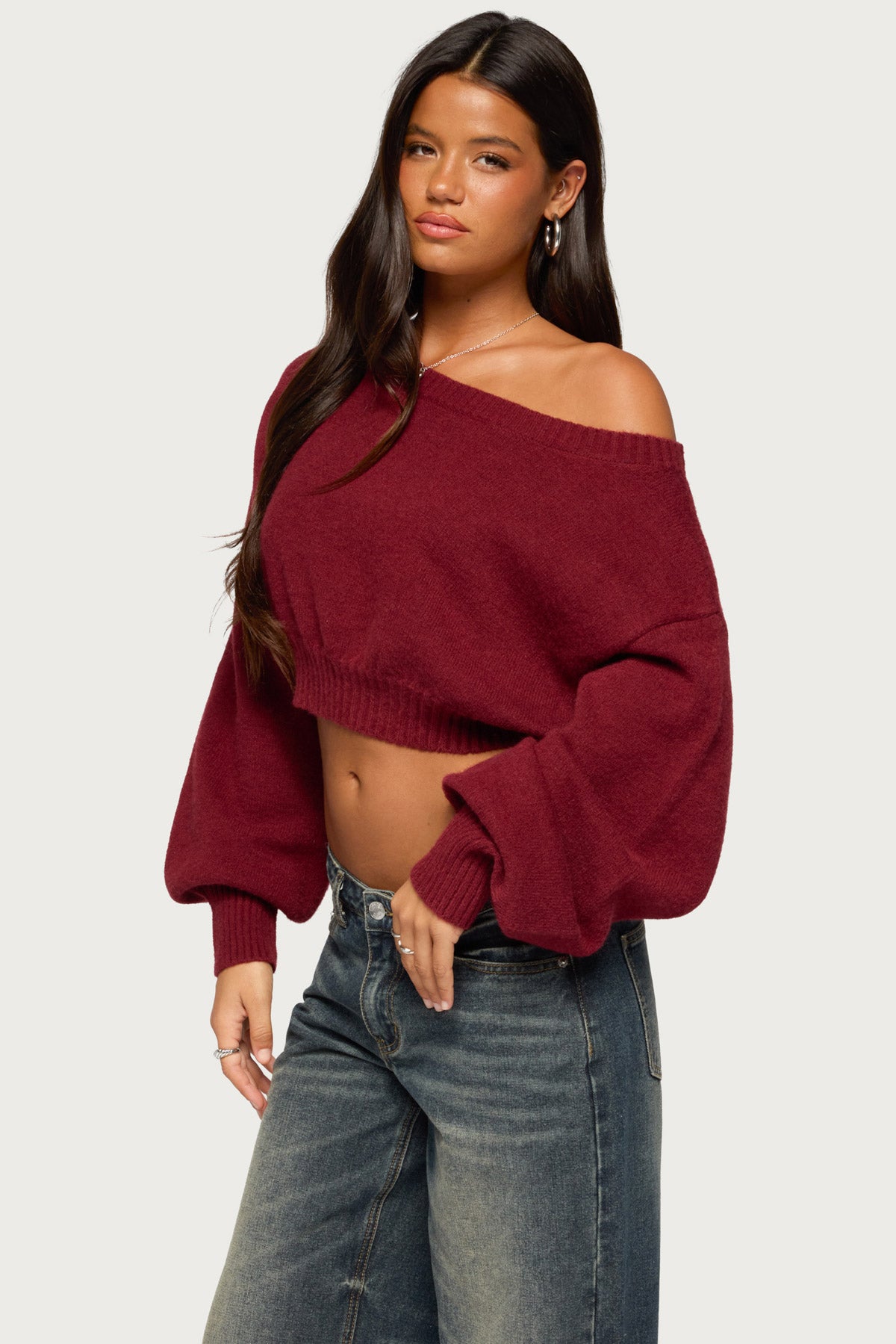 Karsen Off Shoulder Cropped Sweater - BURGUNDY