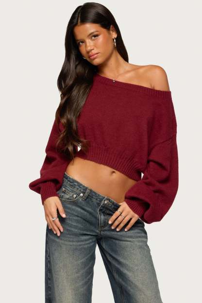 Karsen Off Shoulder Cropped Sweater - BURGUNDY