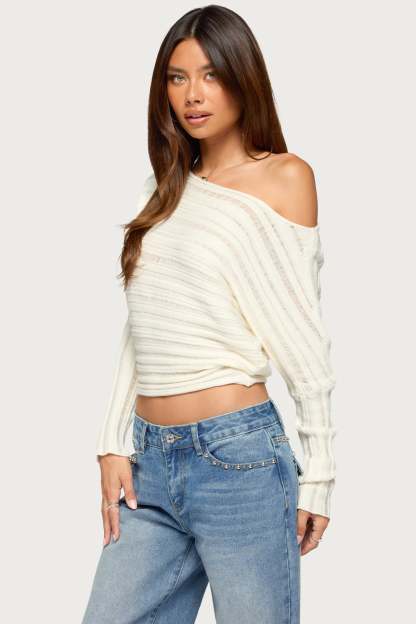 Laynie Oversized Off Shoulder Knit Sweater - CREAM