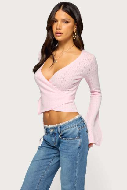 Earle Pointelle Wrap Knit Sweater - LIGHT-PINK