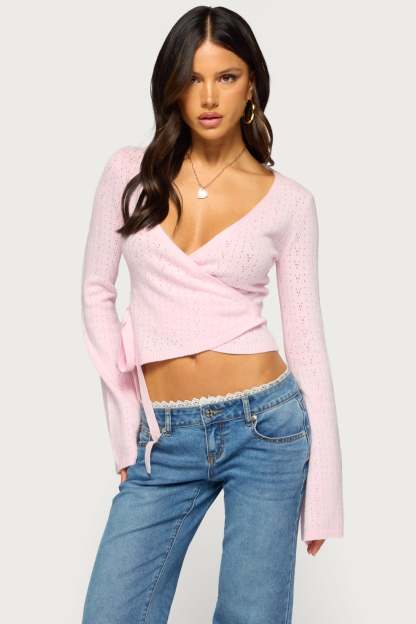 Earle Pointelle Wrap Knit Sweater - LIGHT-PINK