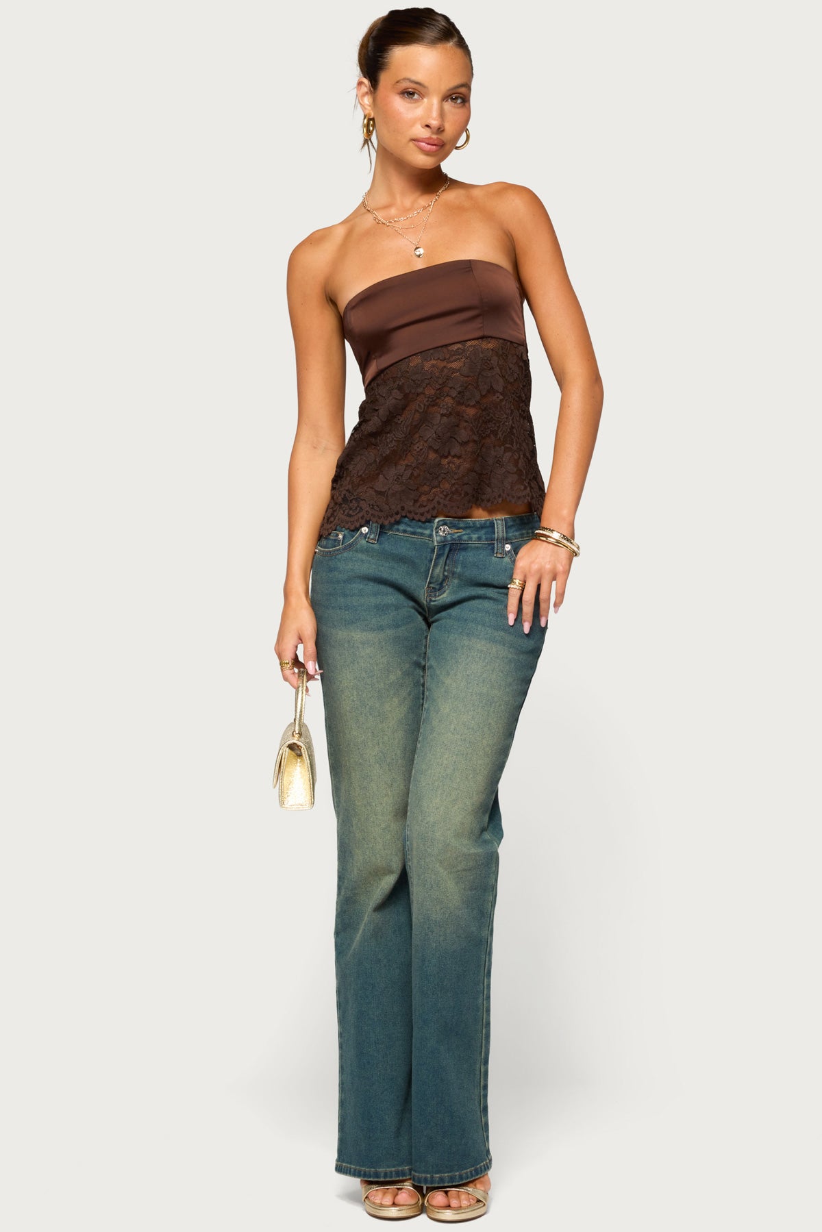 Laely Lacey Satin Effect Strapless Top - BROWN