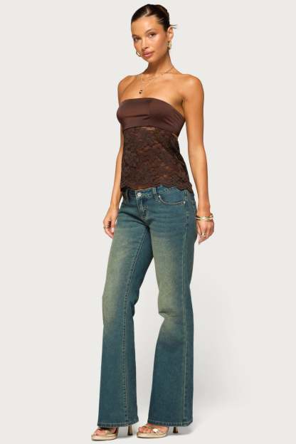Laely Lacey Satin Effect Strapless Top - BROWN