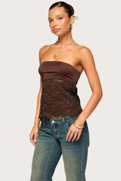 Laely Lacey Satin Effect Strapless Top - BROWN