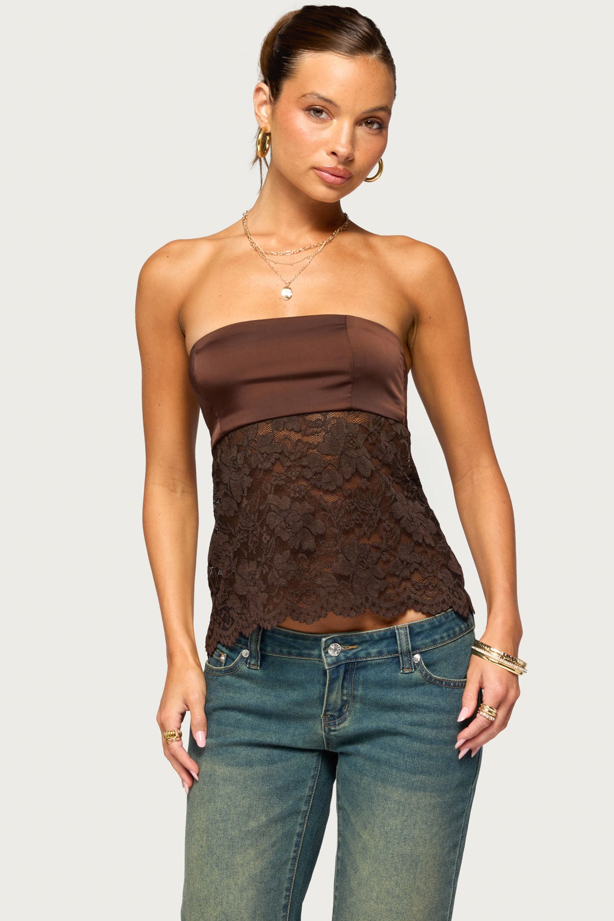 Laely Lacey Satin Effect Strapless Top - BROWN