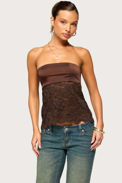Laely Lacey Satin Effect Strapless Top - BROWN