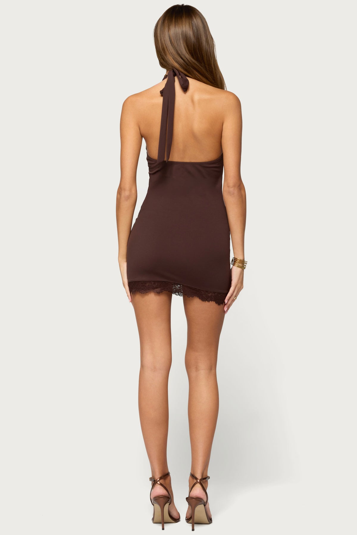 Ellah Lacey Halter Mini Dress - BROWN