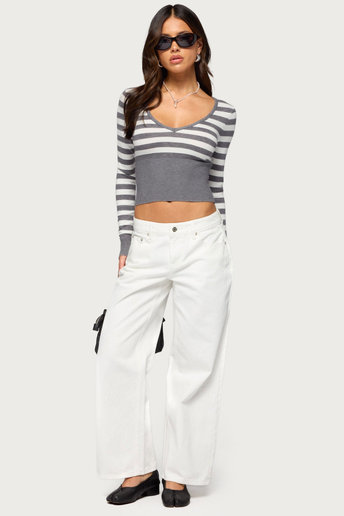 Kaeva Cropped Striped Knit Sweater - GRAY-MELANGE-AND-WHITE