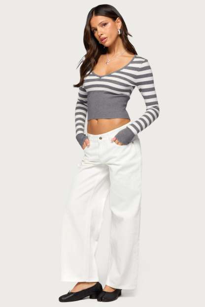 Kaeva Cropped Striped Knit Sweater - GRAY-MELANGE-AND-WHITE