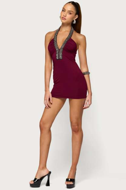 Kaeleigh Beaded Halter Mini Dress - BURGUNDY