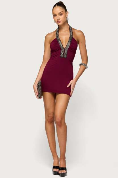 Kaeleigh Beaded Halter Mini Dress - BURGUNDY