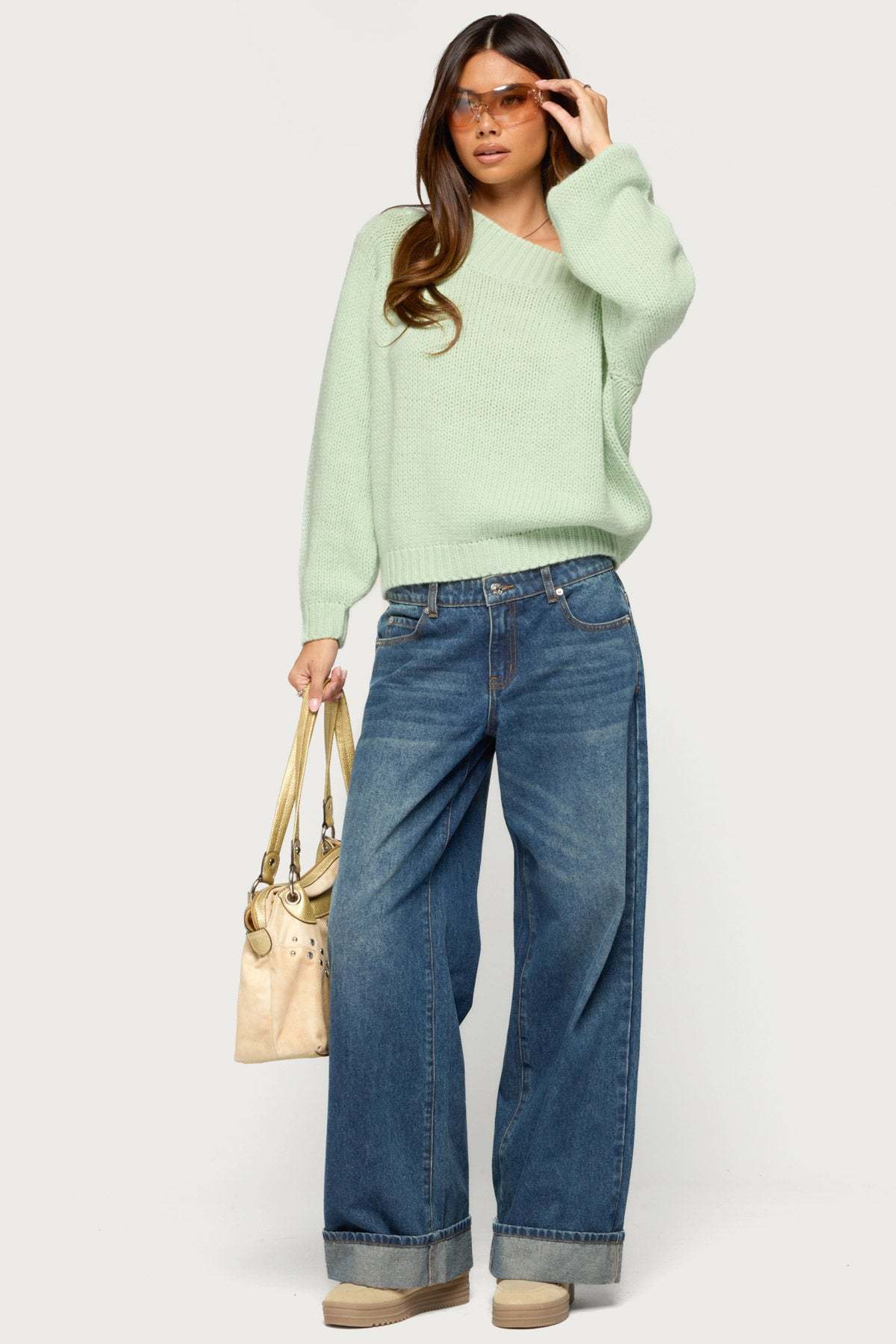 Lanka Oversized Off Shoulder Knit Sweater - MINT