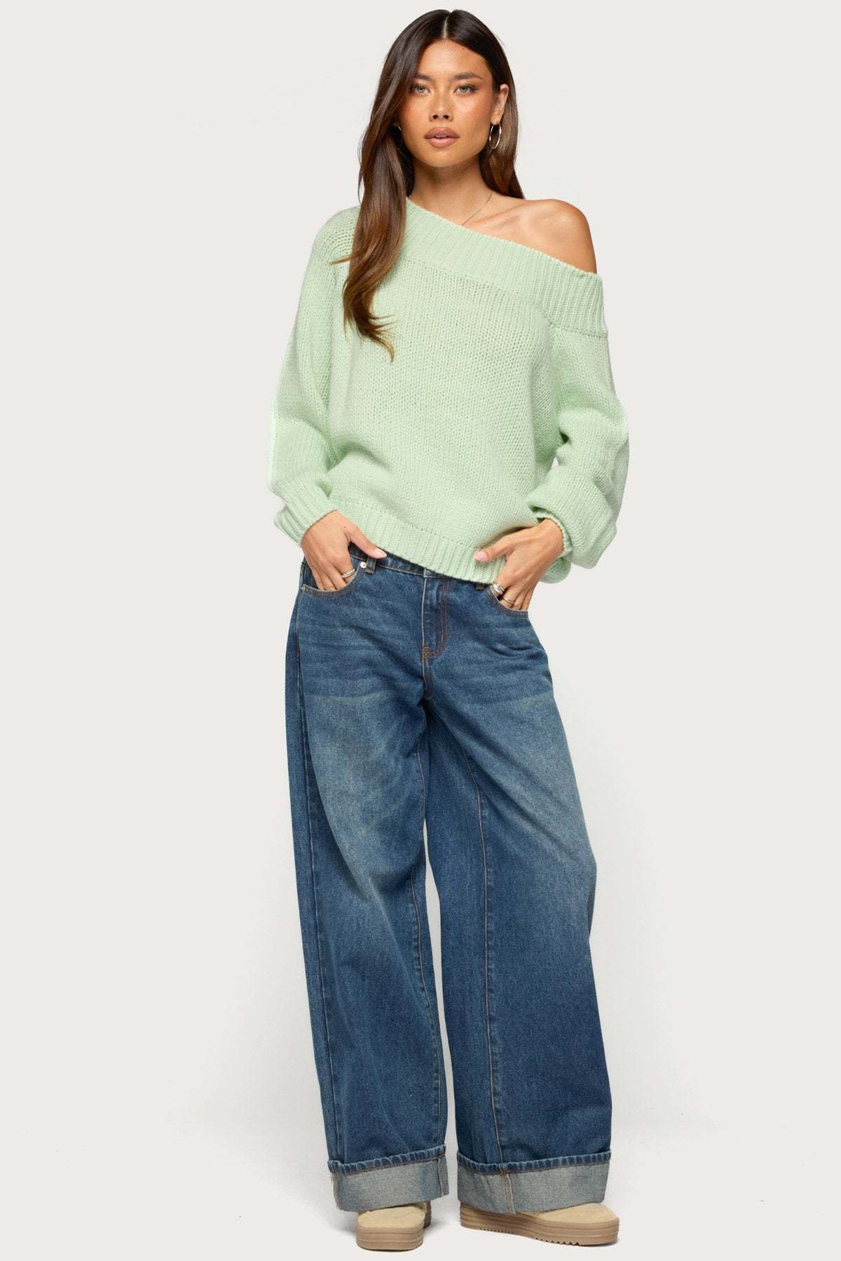 Lanka Oversized Off Shoulder Knit Sweater - MINT