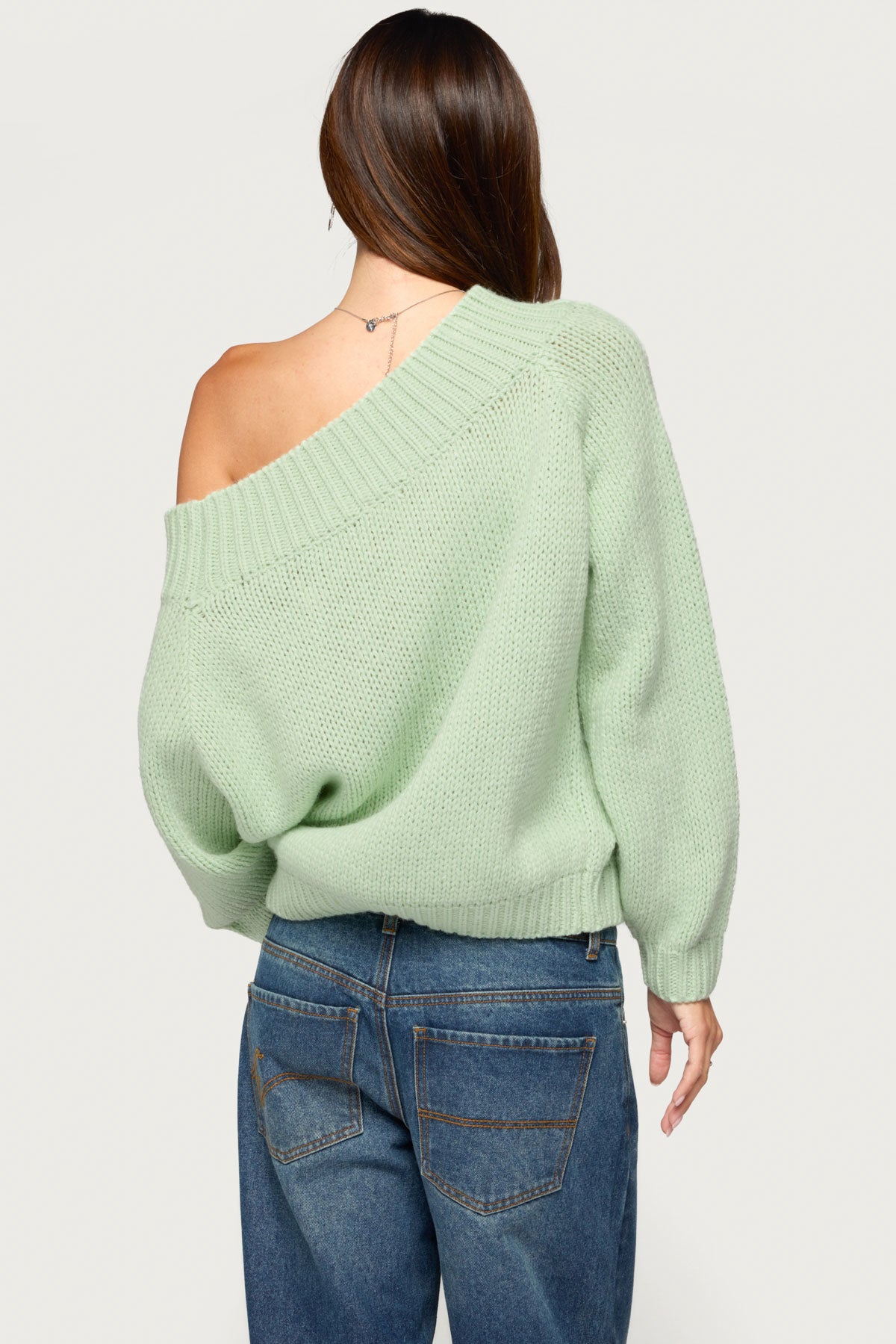 Lanka Oversized Off Shoulder Knit Sweater - MINT
