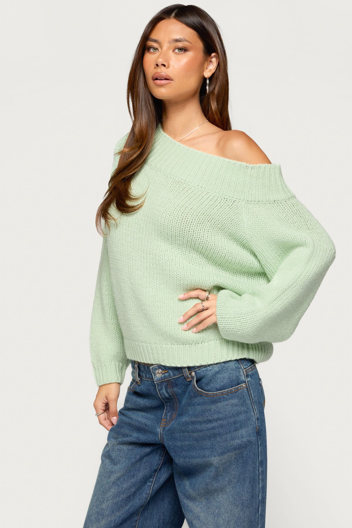 Lanka Oversized Off Shoulder Knit Sweater - MINT