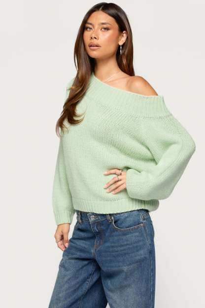 Lanka Oversized Off Shoulder Knit Sweater - MINT
