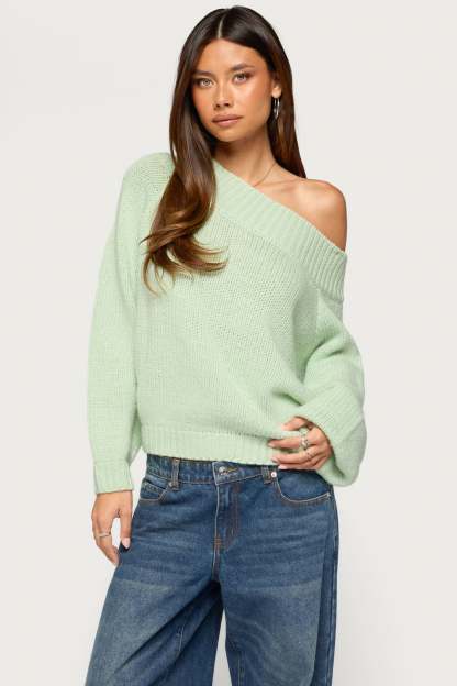 Lanka Oversized Off Shoulder Knit Sweater - MINT