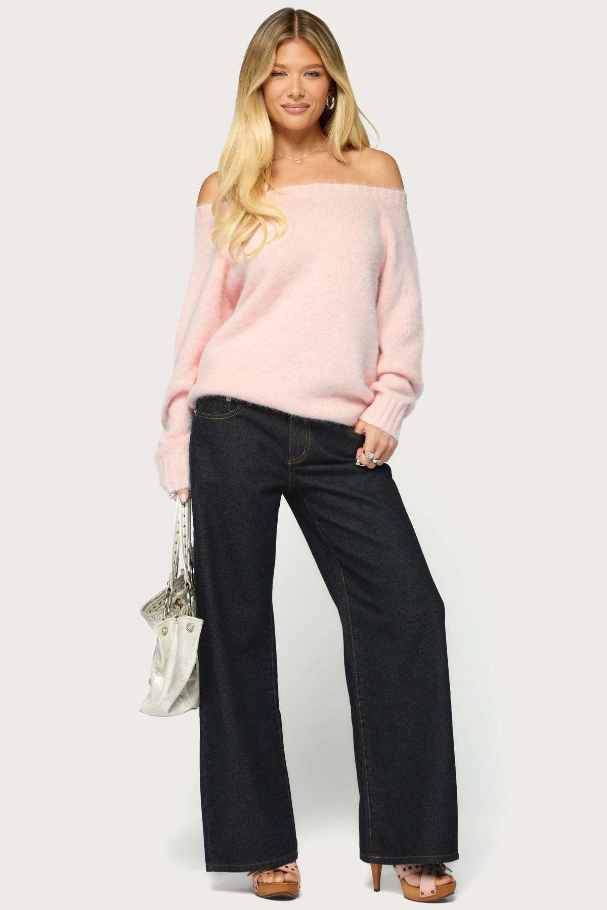 Hada Knit Off Shoulder Sweater - LIGHT-PINK
