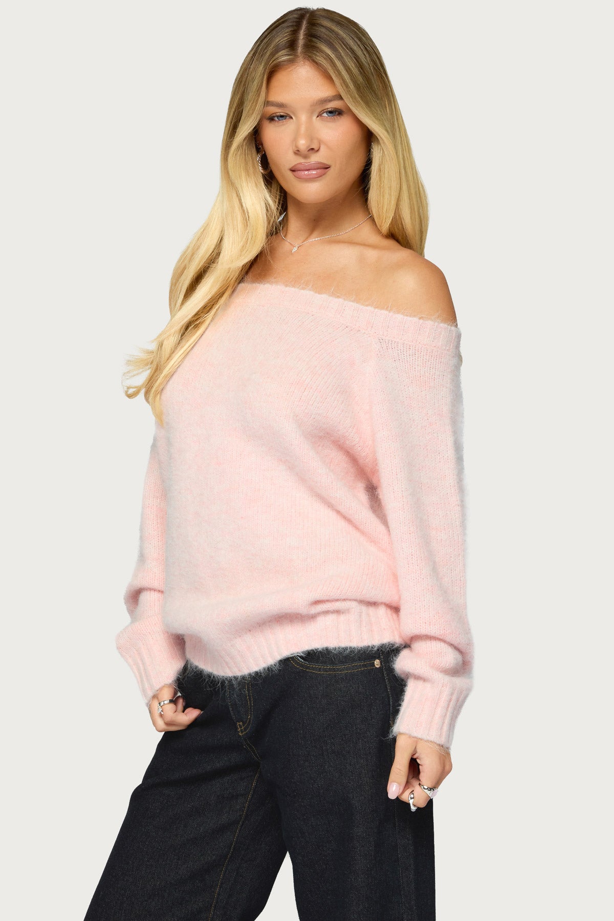 Hada Knit Off Shoulder Sweater - LIGHT-PINK