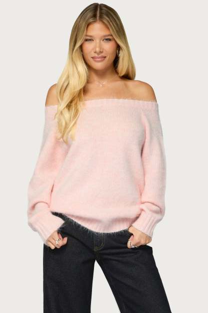 Hada Knit Off Shoulder Sweater - LIGHT-PINK