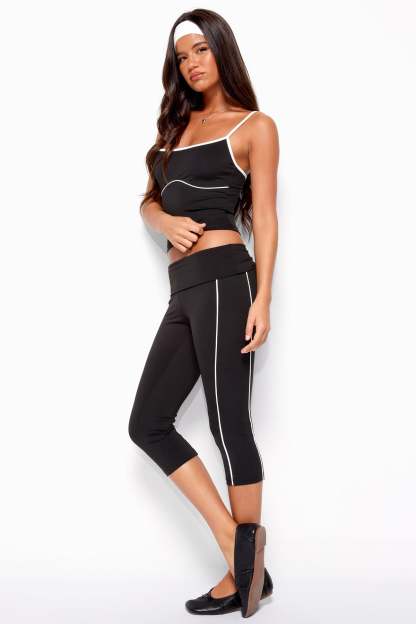 Halleigh Stripey Foldover Capri Pants - BLACK