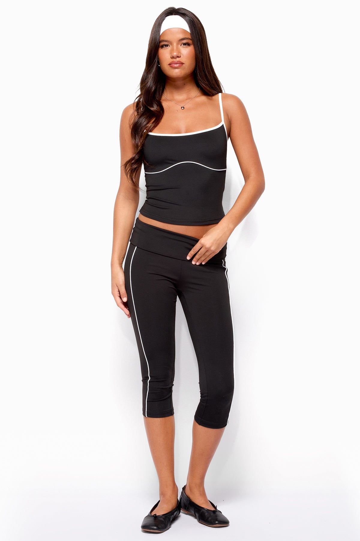 Halleigh Stripey Foldover Capri Pants - BLACK