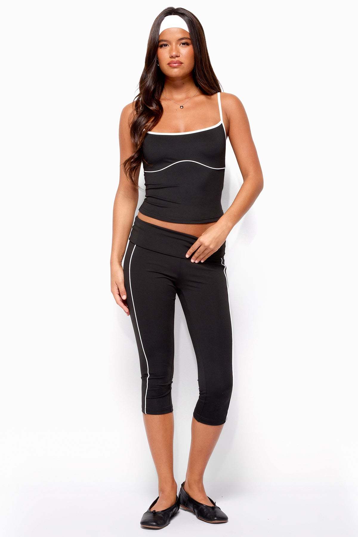 Halleigh Stripey Foldover Capri Pants - BLACK