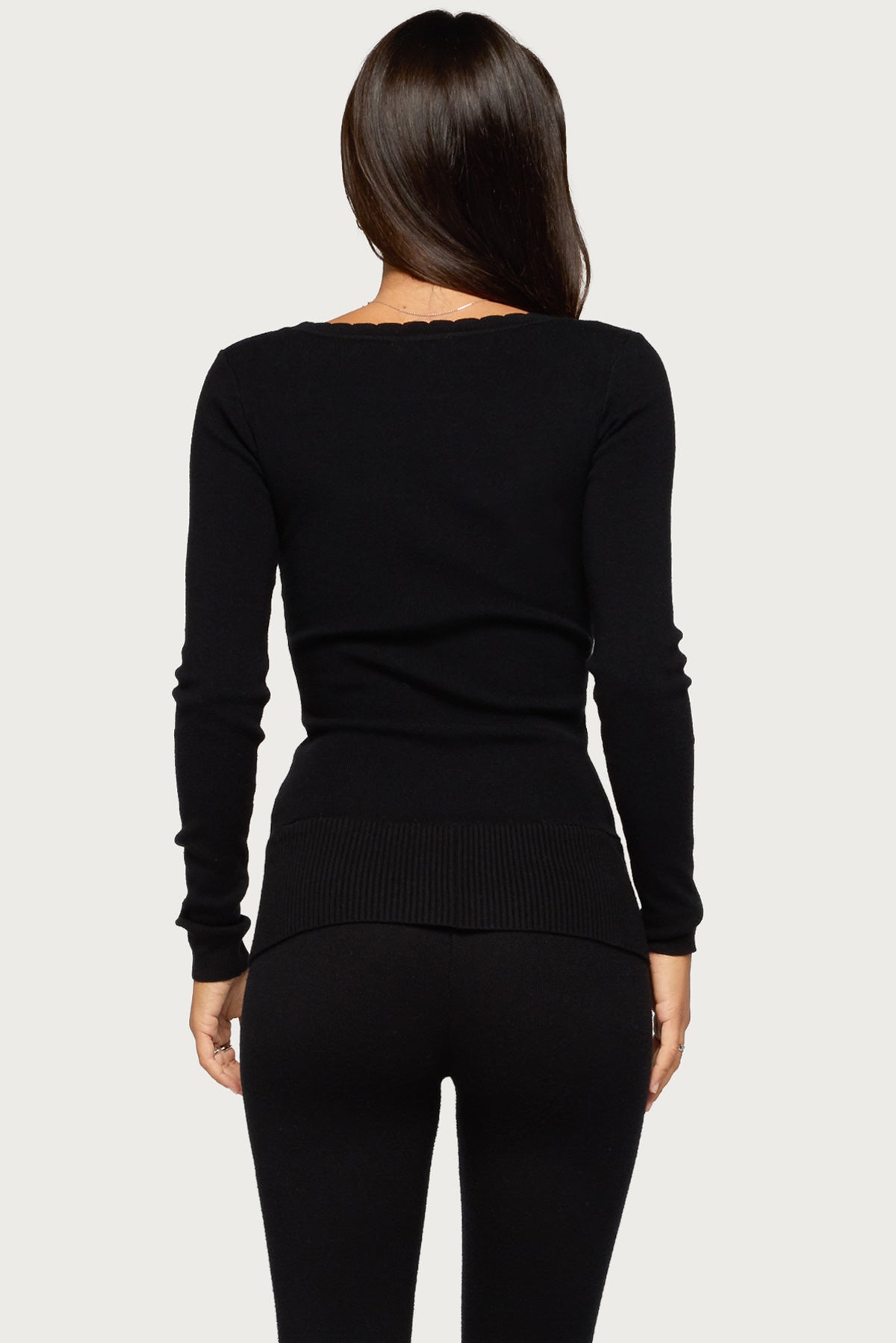 Raira Scalloped Knit Long Sleeve Top - BLACK