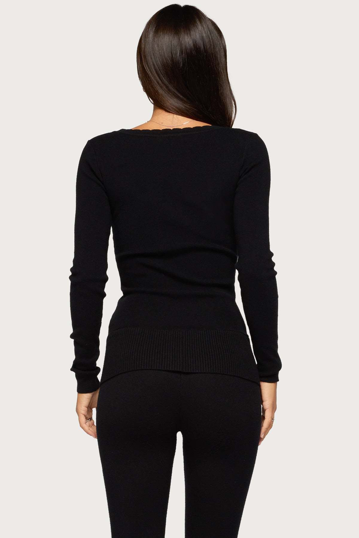 Raira Scalloped Knit Long Sleeve Top - BLACK
