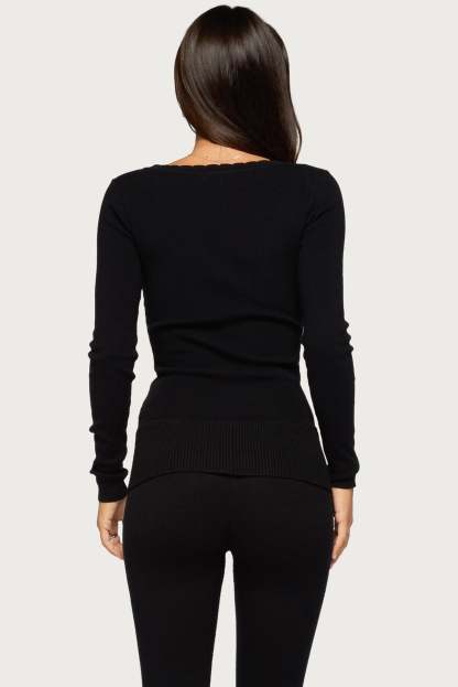 Raira Scalloped Knit Long Sleeve Top - BLACK