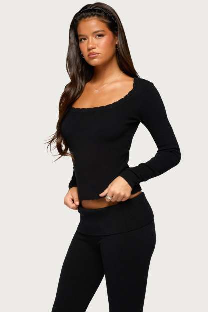 Raira Scalloped Knit Long Sleeve Top - BLACK