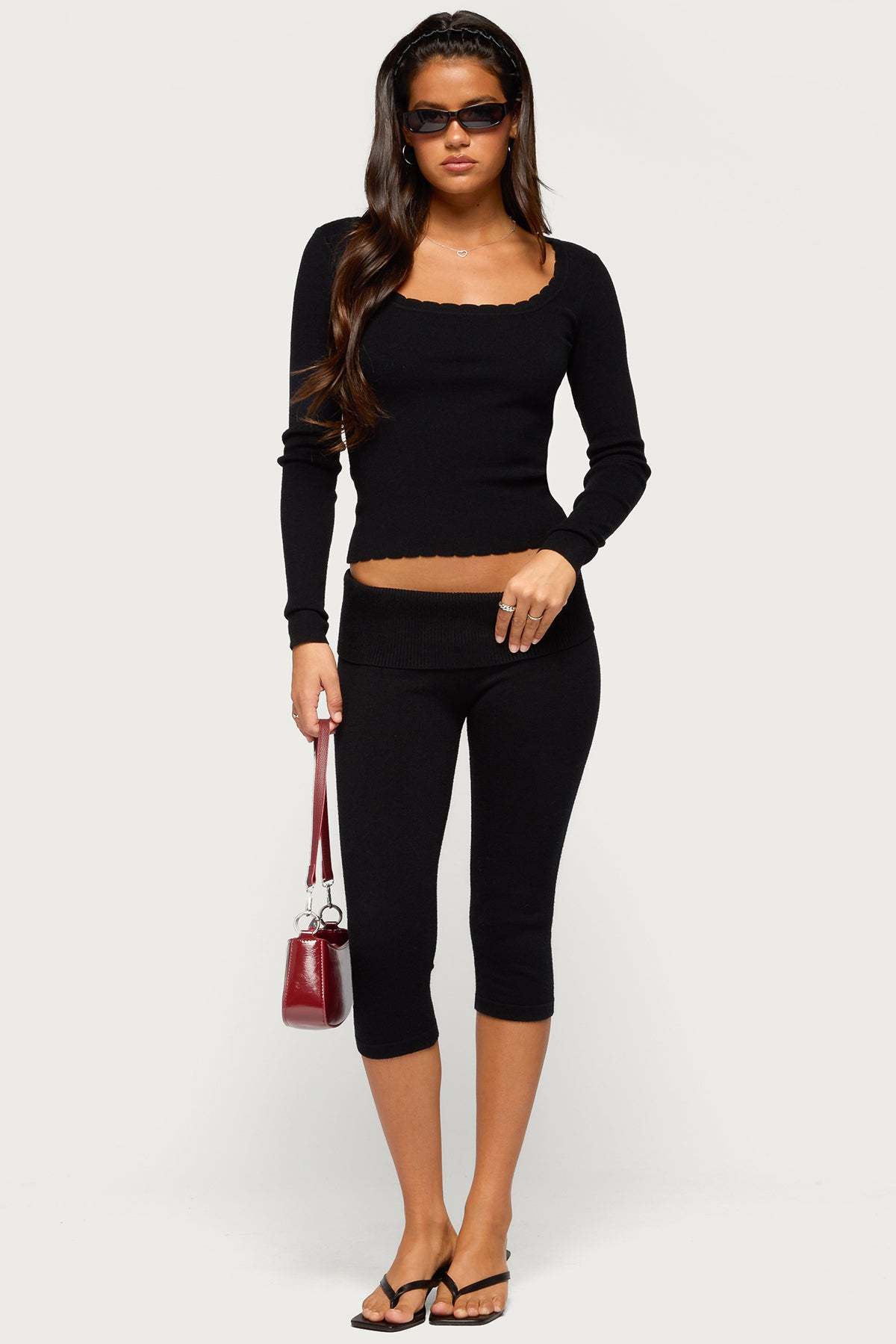 Raira Scalloped Knit Long Sleeve Top - BLACK