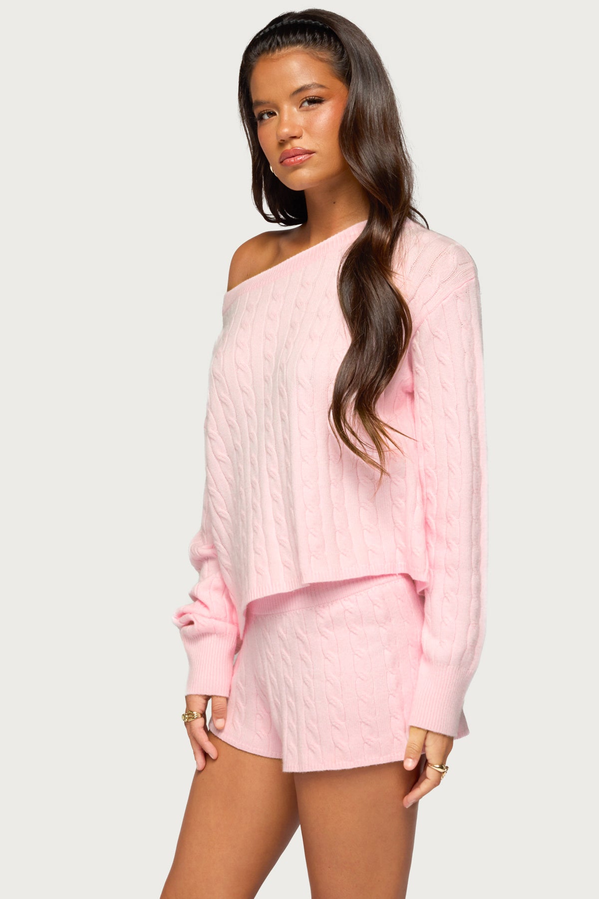 Coralee Off Shoulder Cable Knit Sweater - LIGHT-PINK