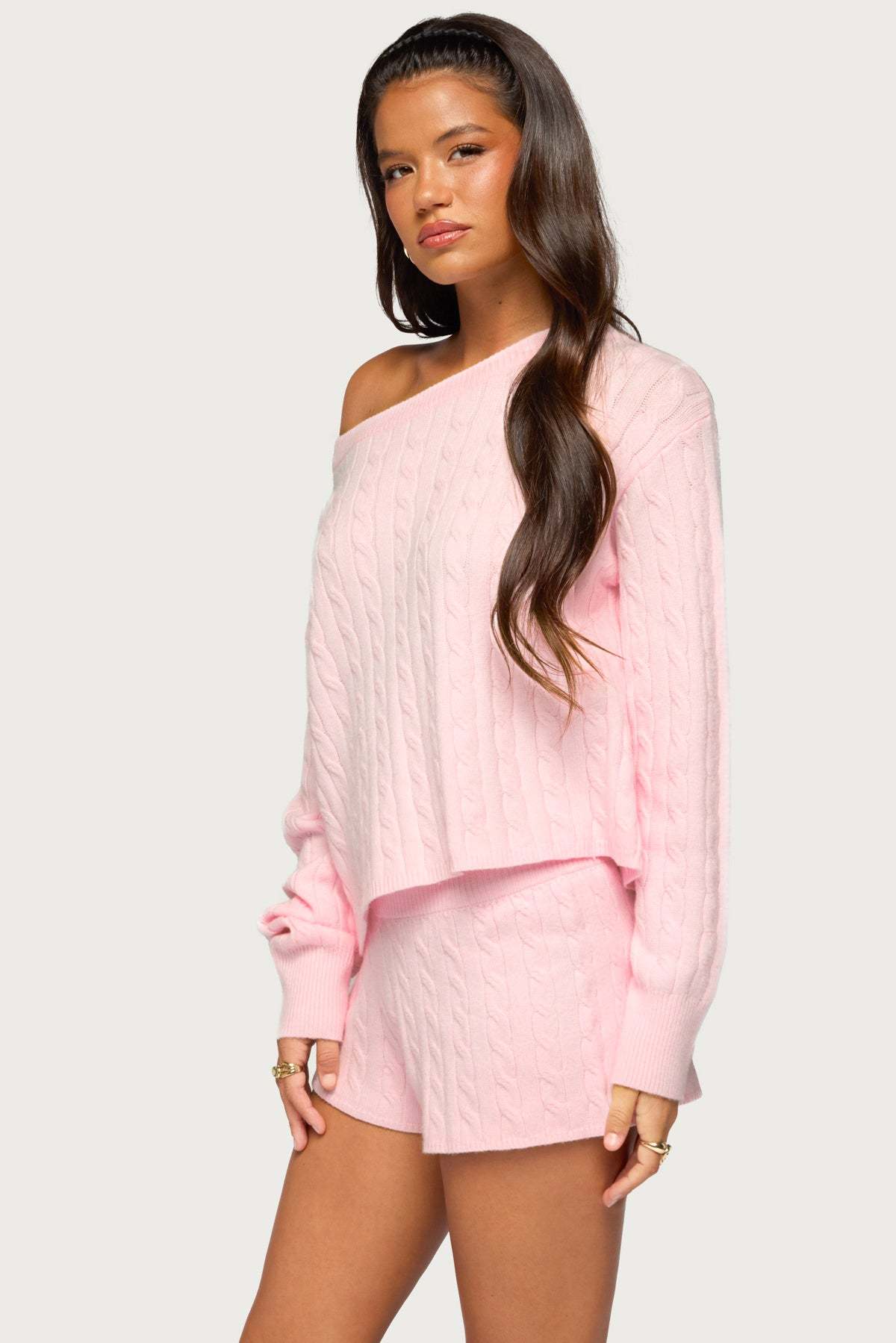 Coralee Off Shoulder Cable Knit Sweater - LIGHT-PINK