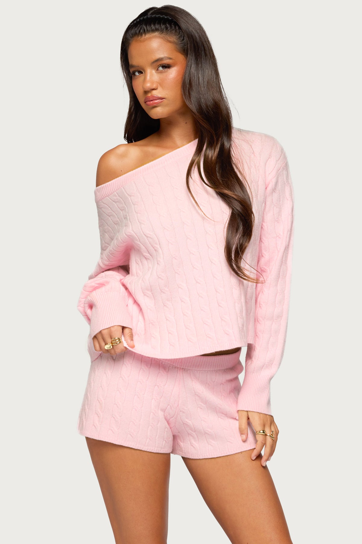 Coralee Off Shoulder Cable Knit Sweater - LIGHT-PINK