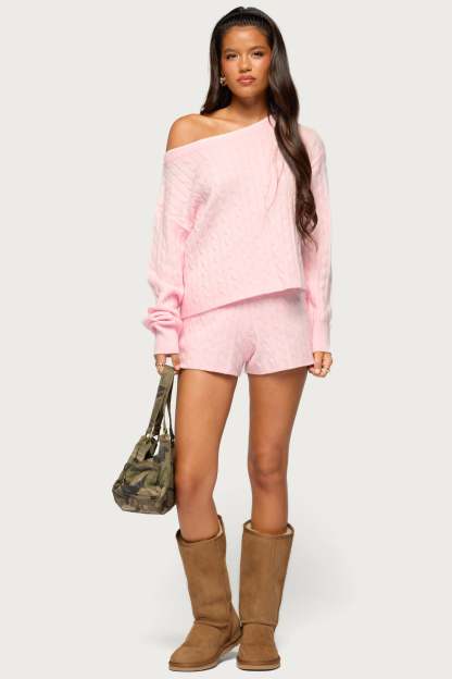 Coralee Off Shoulder Cable Knit Sweater - LIGHT-PINK