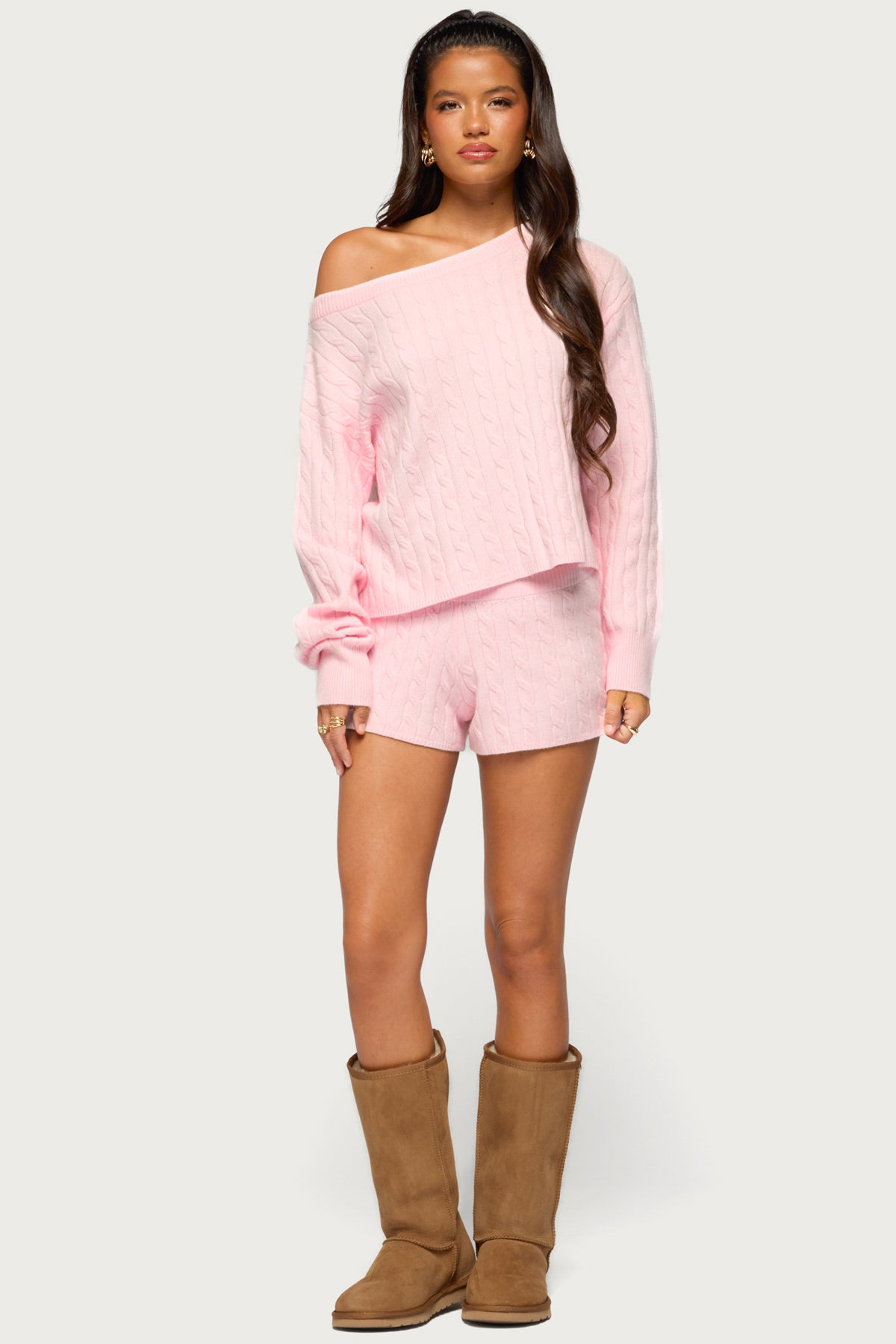 Coralee Off Shoulder Cable Knit Sweater - LIGHT-PINK