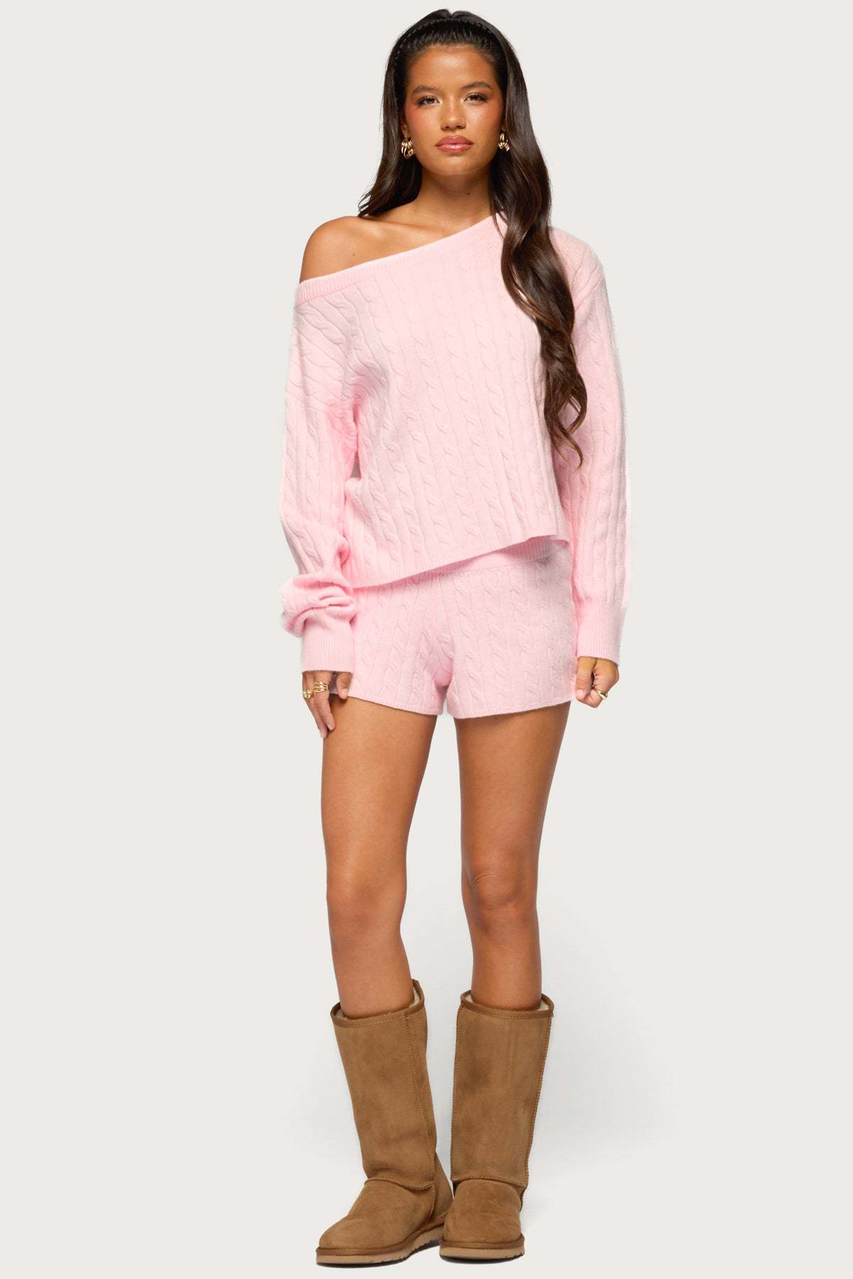 Coralee Off Shoulder Cable Knit Sweater - LIGHT-PINK