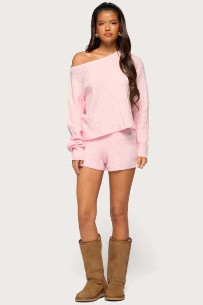 Coralee Off Shoulder Cable Knit Sweater - LIGHT-PINK