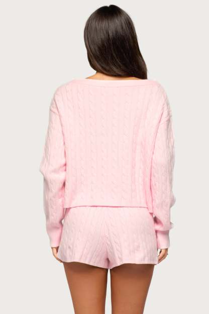 Coralee Off Shoulder Cable Knit Sweater - LIGHT-PINK