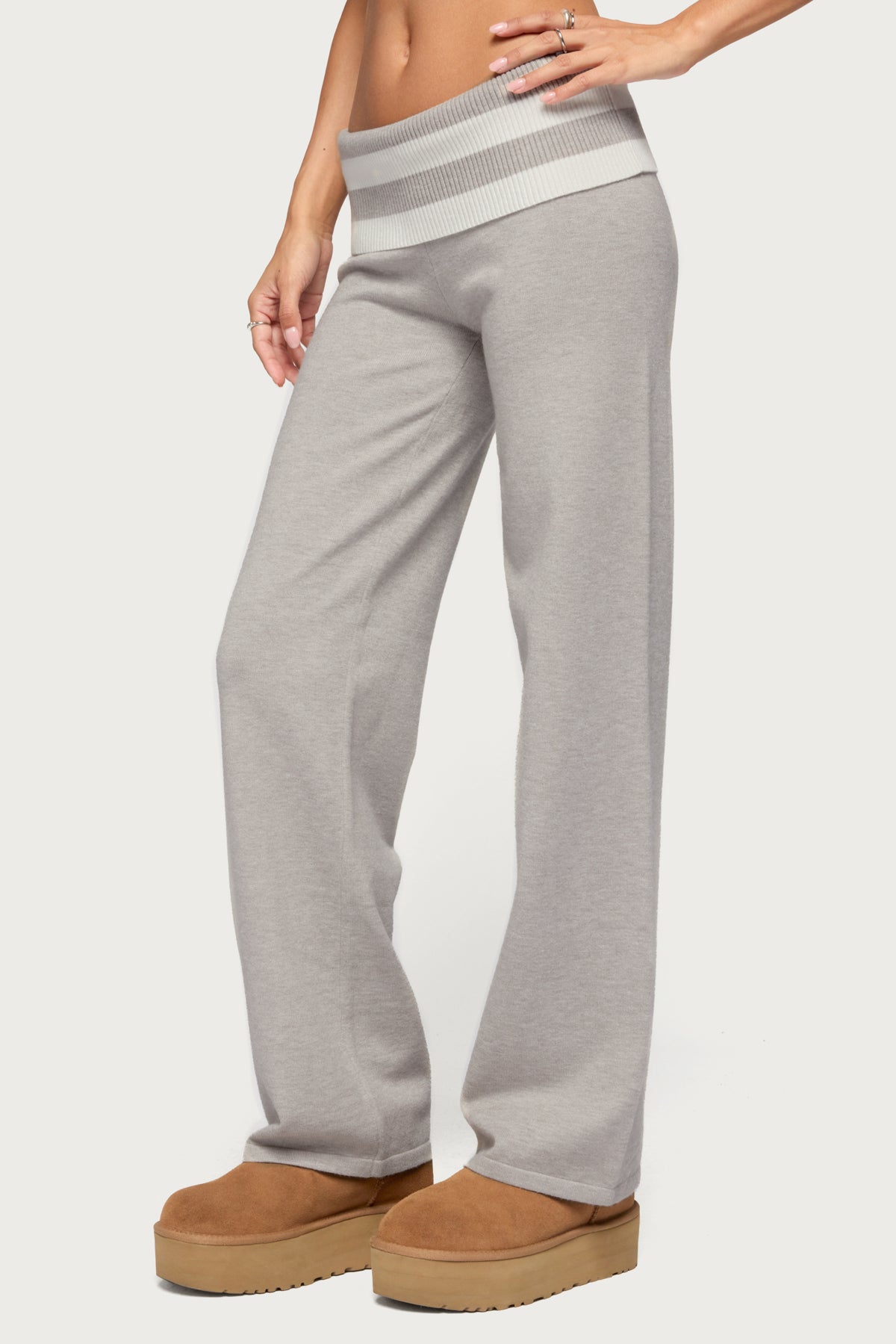 Rasha Striped Foldover Knit Pants - GRAY-MELANGE-AND-WHITE