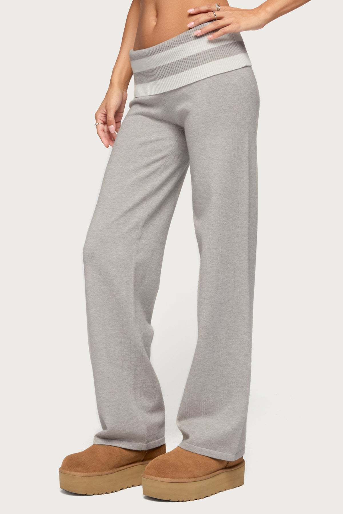 Rasha Striped Foldover Knit Pants - GRAY-MELANGE-AND-WHITE