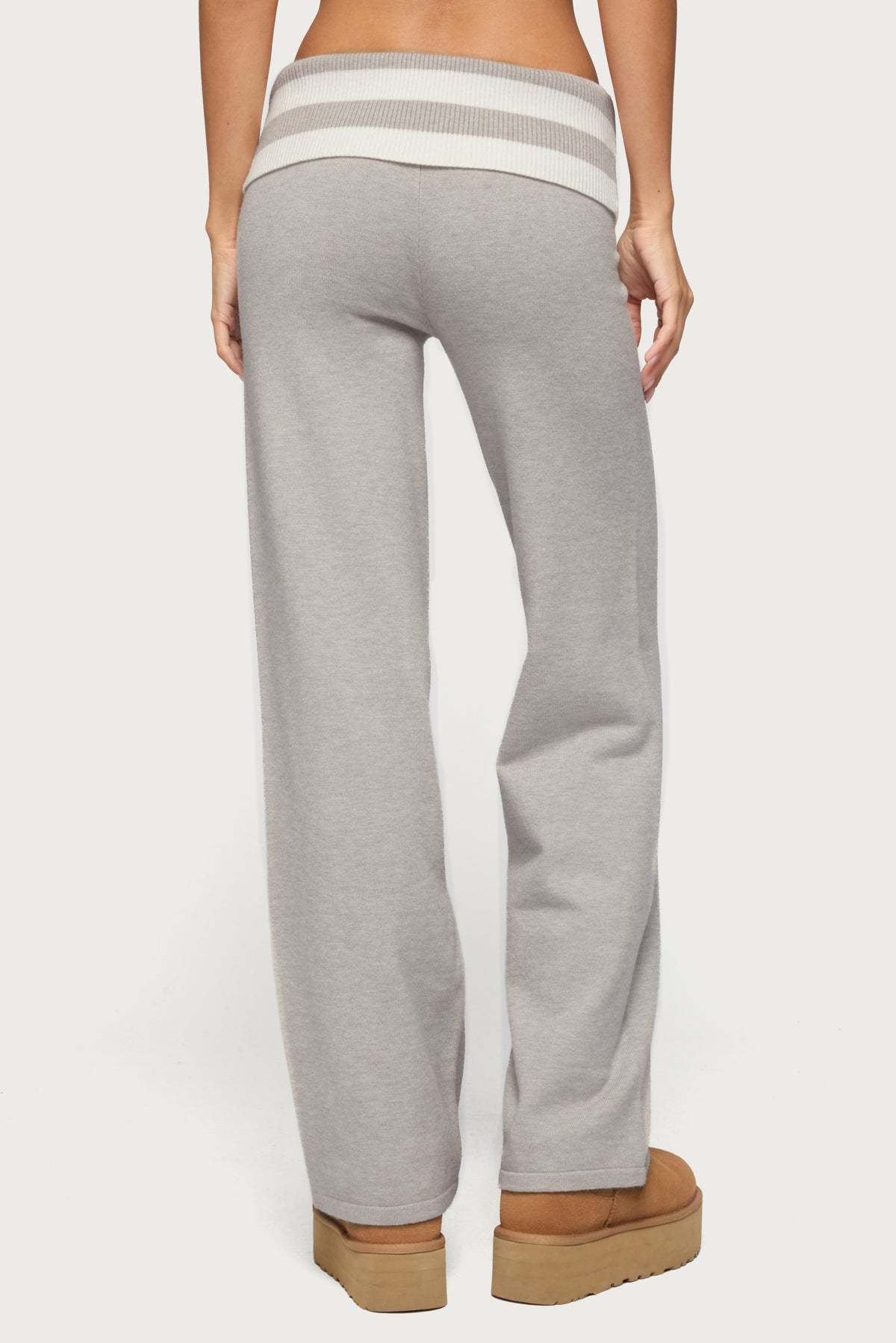Rasha Striped Foldover Knit Pants - GRAY-MELANGE-AND-WHITE