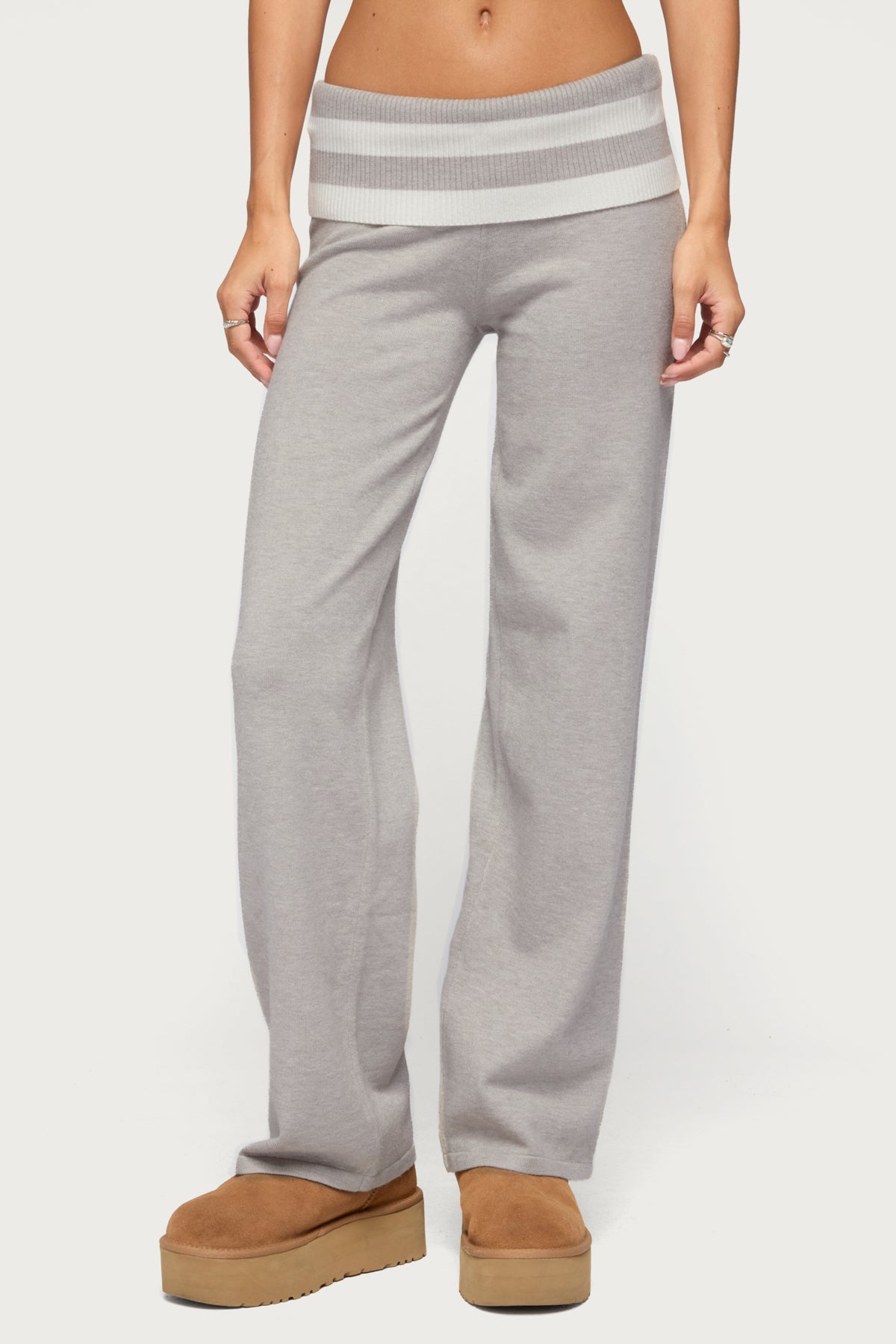 Rasha Striped Foldover Knit Pants - GRAY-MELANGE-AND-WHITE