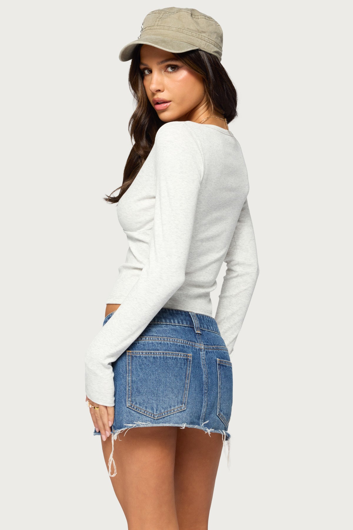 Nogi Overlap V Neck Long Sleeve Top - LIGHT-GRAY-MELANGE
