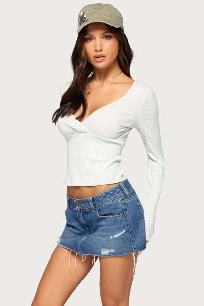 Nogi Overlap V Neck Long Sleeve Top - LIGHT-GRAY-MELANGE