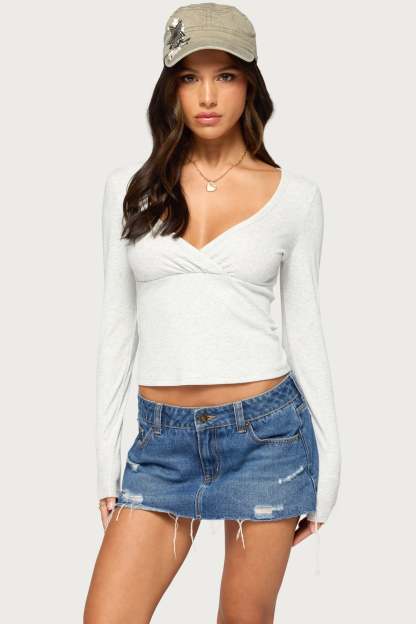 Nogi Overlap V Neck Long Sleeve Top - LIGHT-GRAY-MELANGE