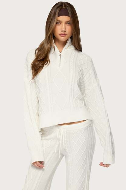 Fika Quarter Zip Cable Knit Sweater - WHITE
