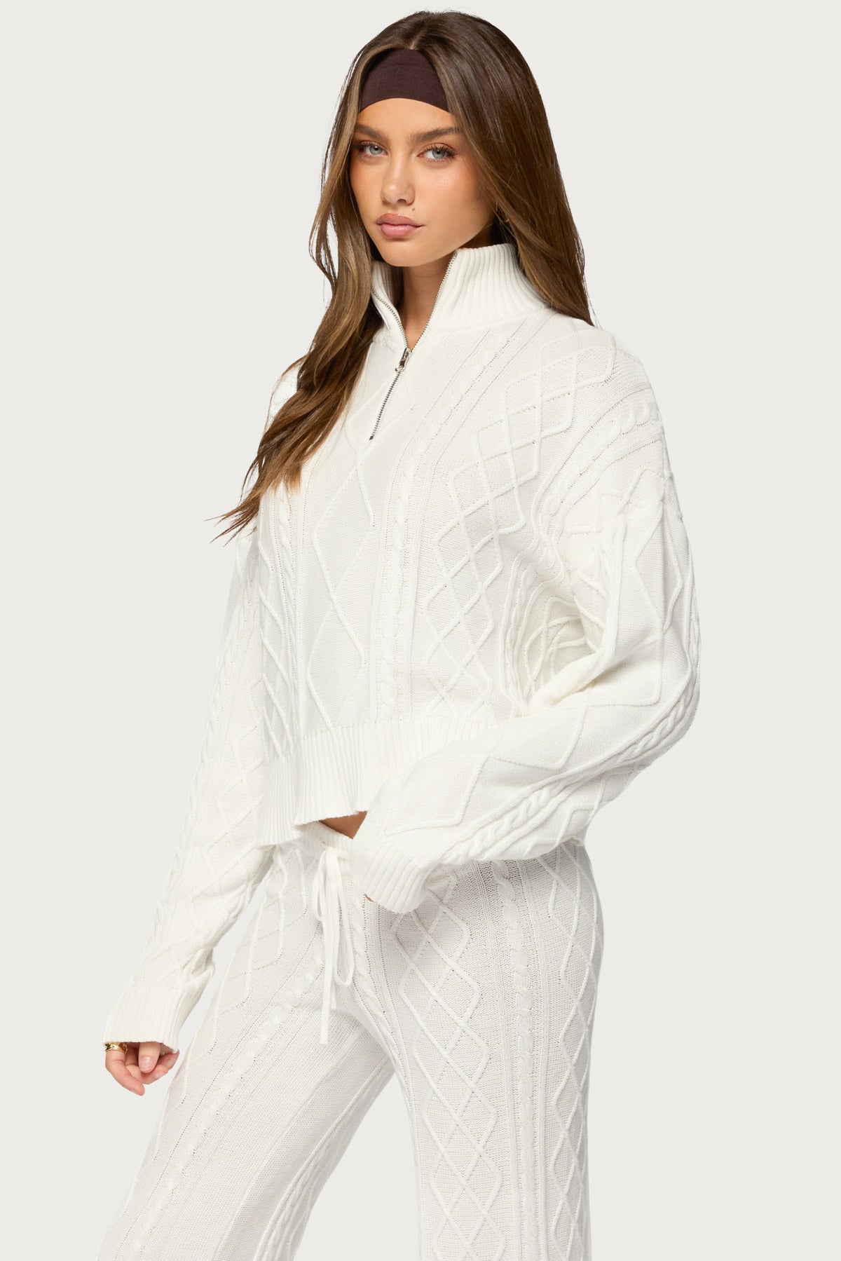Fika Quarter Zip Cable Knit Sweater - WHITE